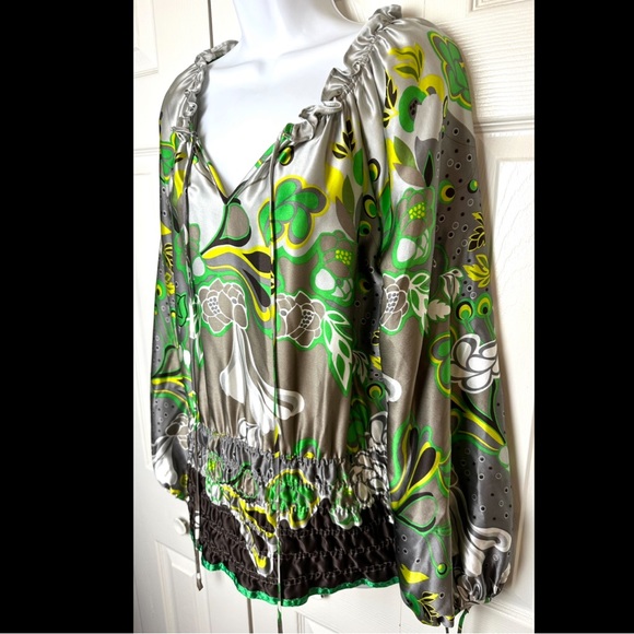 ETCETERA Retro Vibrant Floral Silk Blouse Top Shirt Green Silver Gray Ruffle Tie - Picture 3 of 11